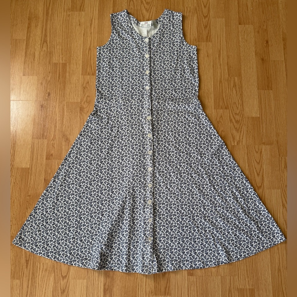 VTG Carroll Reed Button Front White Blue Floral Dress 90s CottageCore GrannyCore